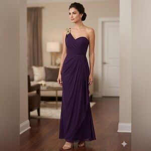 Xscape Women’s 6 Purple Draped Gold Embellished One Shoulder Long Gown Dress S